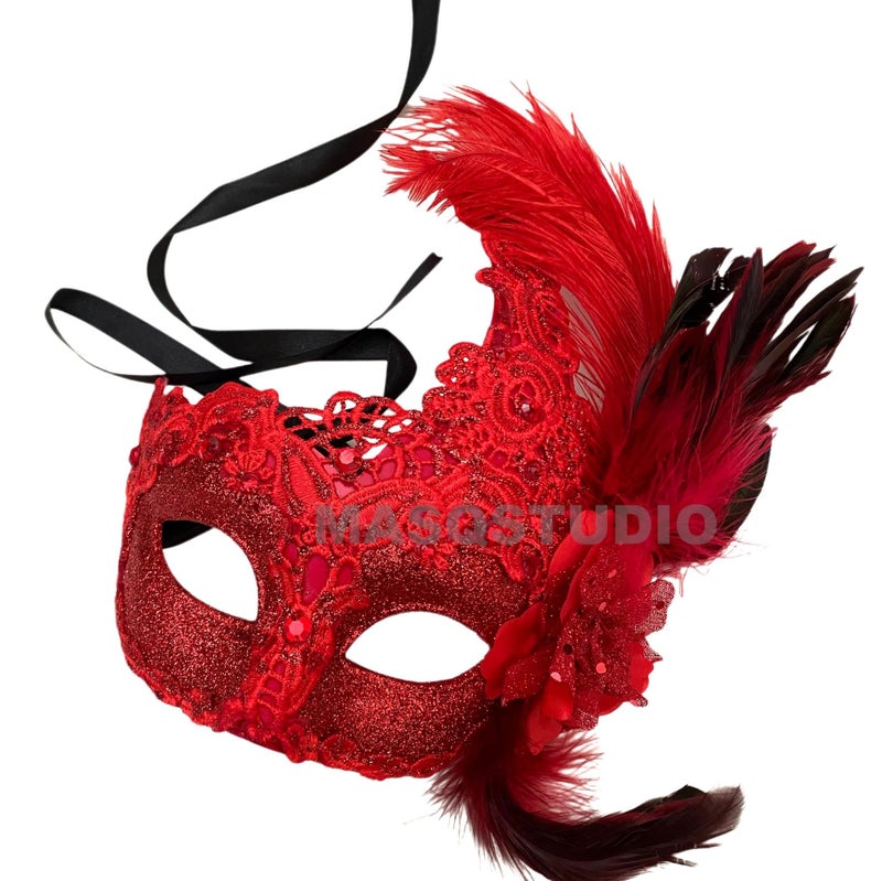 MasqStudio Brocade Lace Masquerade Ball Mask Burlesque Mardi Gras Birthday Prom Wedding Party (Red) - Image 4